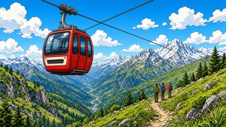 Comic-style red cable car over alpine valley