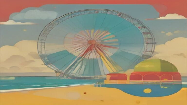 Comic-style Ferris wheel at sunny seaside boardwalk