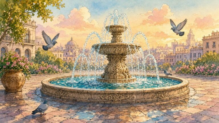 Comic-style ornate plaza fountain with sparkling water jets at golden hour