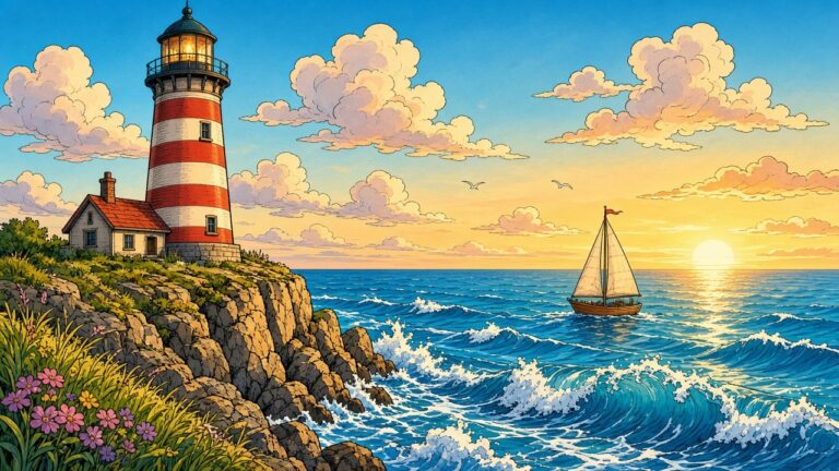 Comic-style lighthouse on a coastal cliff at sunset