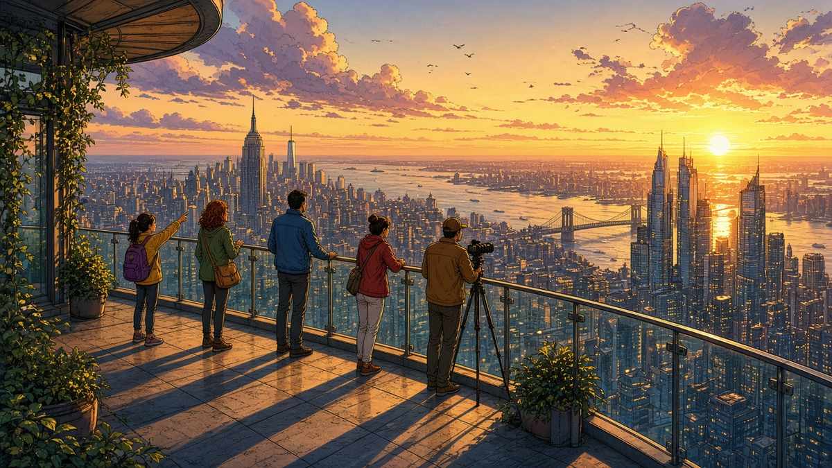 Comic-style observation deck overlooking a city skyline at golden hour